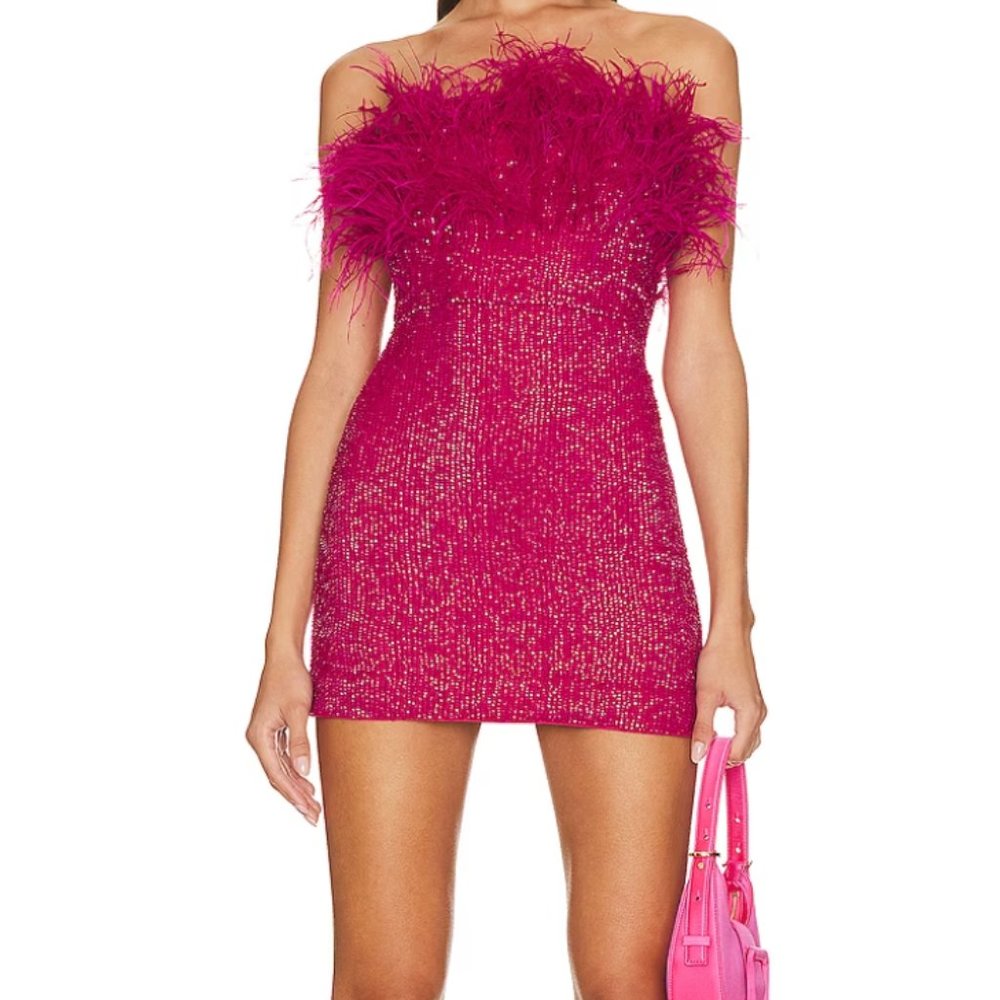 Retrofete Torin Sequin Bandeau Ostrich-Trim Mini Dress